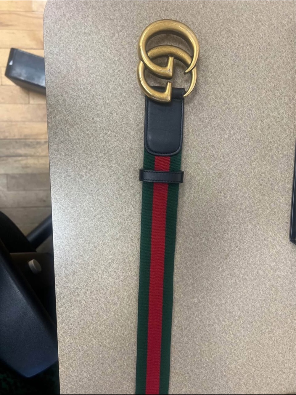 Gucci Green and Red Web Stripe Belt with Brass Double G Buckle